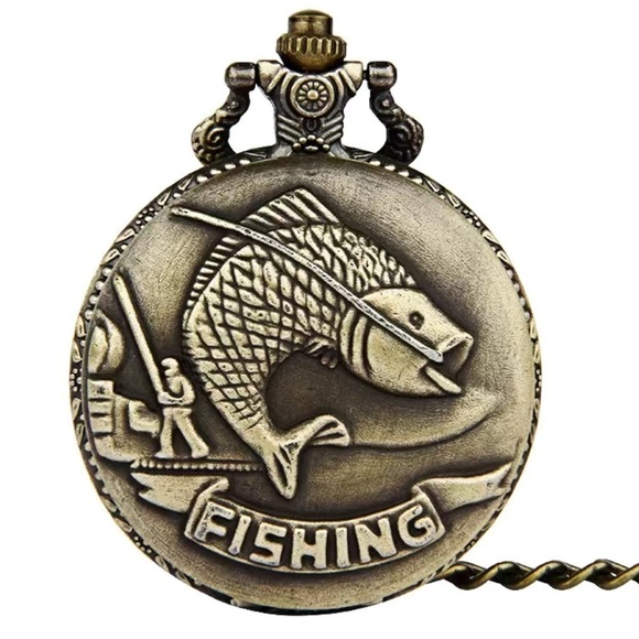 Pocket Chain Watch Fishing Theme Sportsperson Bronze Steampunk Retro Style Gift - Picture 2 of 15